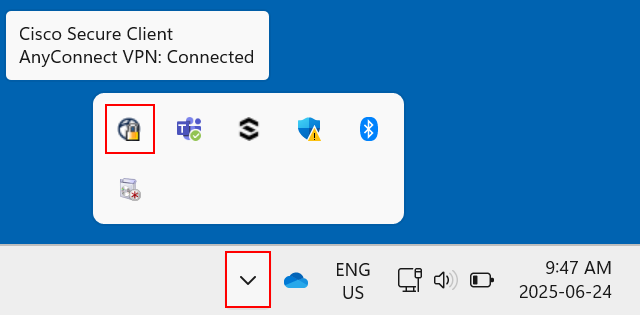 Cisco Secure Client connected in the system dock.