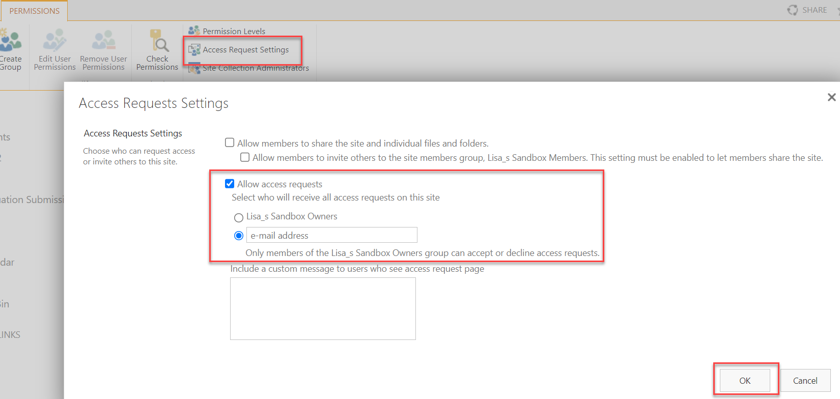 Updating access request settings on a SharePoint site