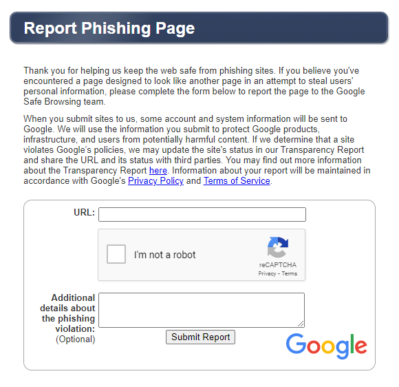 Report phishing page