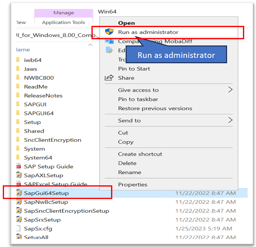 Image showing the excutables: right click on sapgui64setup and run as administrator