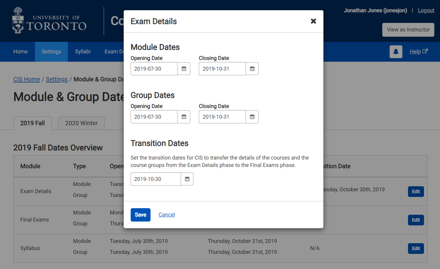 Settings - Module & Group Dates for Exam Details