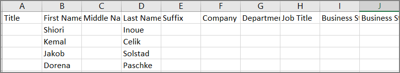 An example of what a csv file looks like after contacts are exported from Outlook