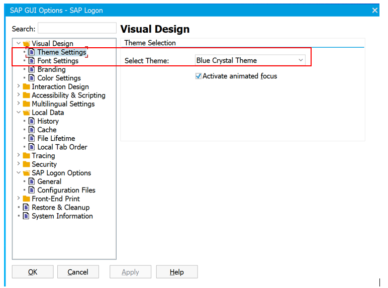 Image showing the Theme from options: select "Blue crystal Theme" selecting options on saplogon pad