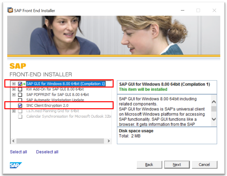 Image showing option: select SAP GUI for windows 8.00 64bit and SNC client encryption 2.0, click next