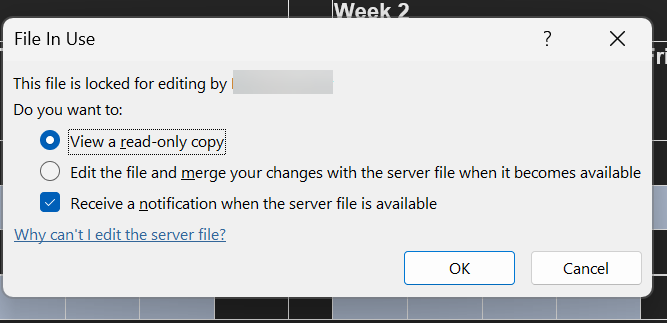 A pop up message indicating an item is locked out for editing in a phantom check out