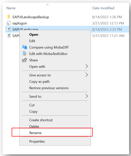 Image of the file SAPUIlandscape.xml: right click on the file and click rename