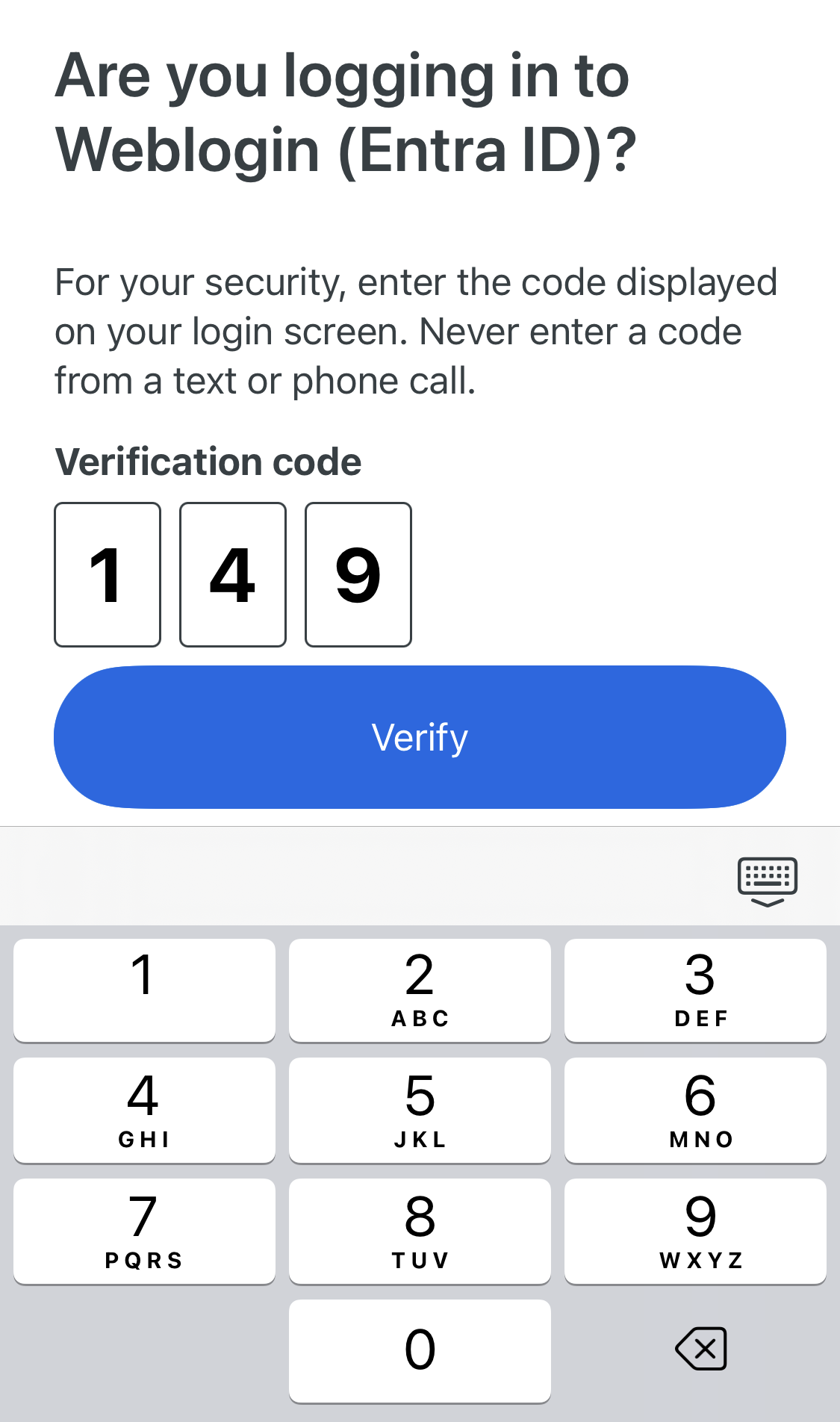 A prompt to enter a three-digit UTORMFA verification code displayed on an Apple mobile device.