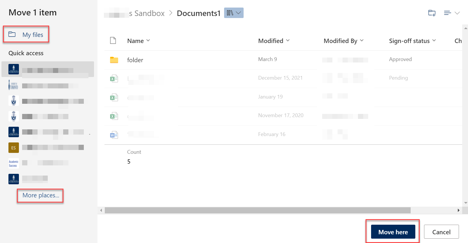 The window to move/copy files to a new location in SharePoint and OneDrive