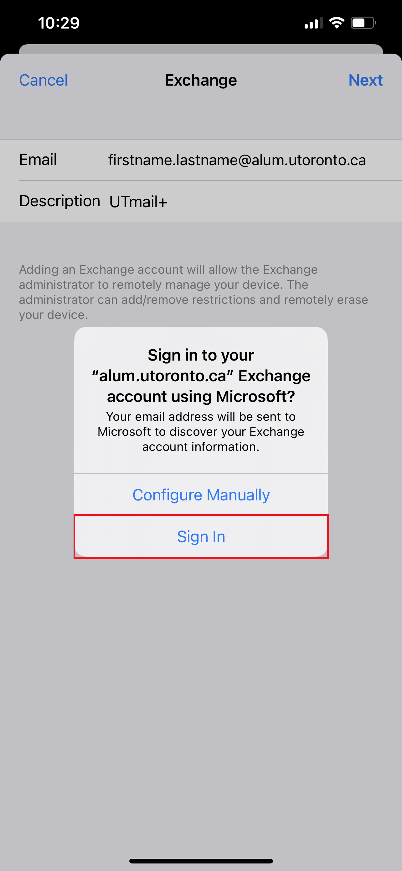 A screenshot of the Exchange screen with a pop up dialog with the Sign In button highlighted.