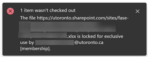 A pop up message indicating an item is locked out for editing in a phantom check out