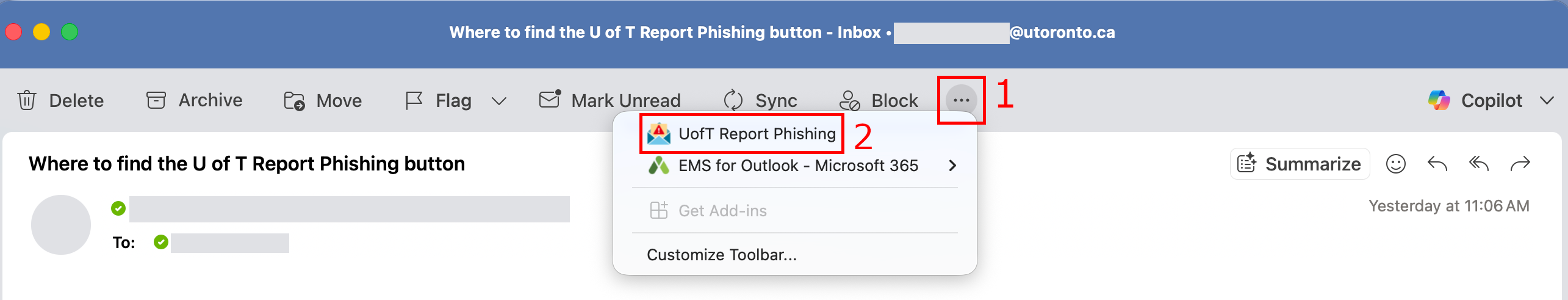 The Report Phishing button in a dropdown menu in the email view pane header.