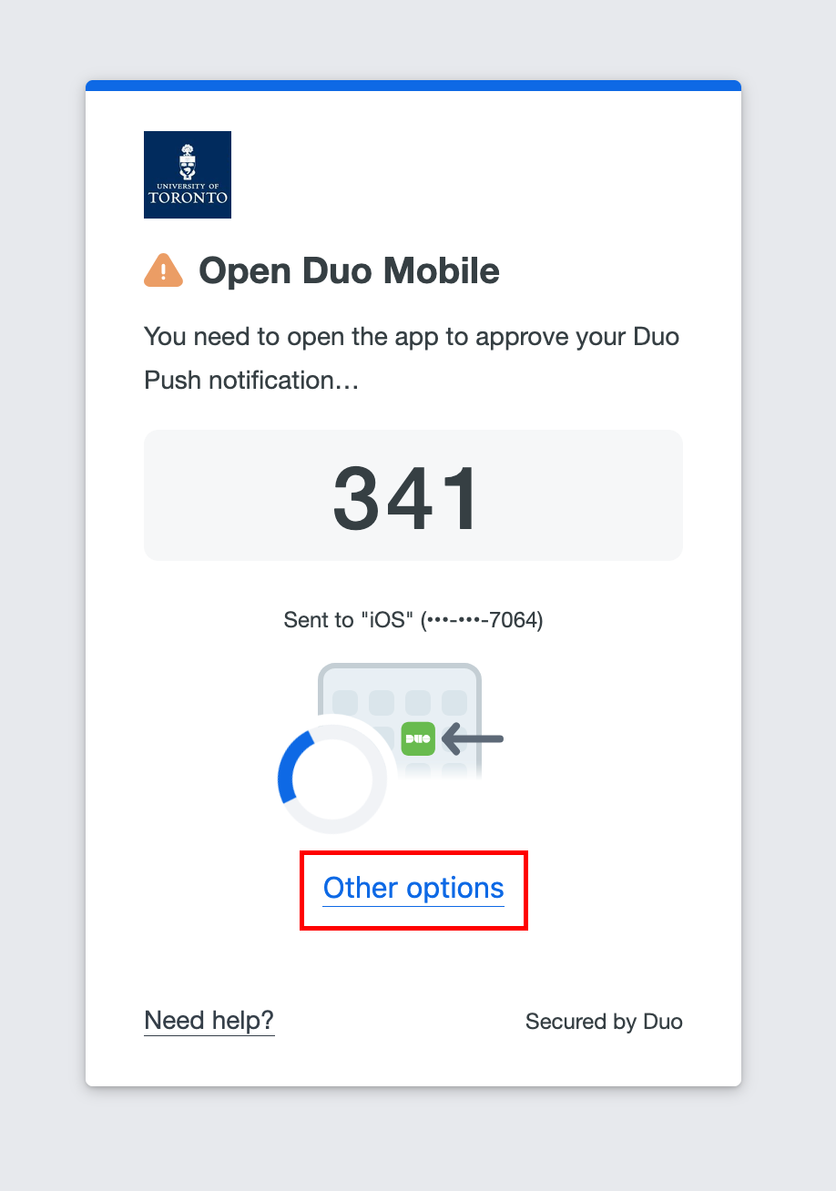 The "Check for a Duo Push" prompt, with the link to "Other options" highlighted.