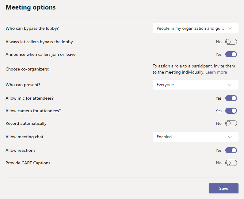 Teams meeting options list.