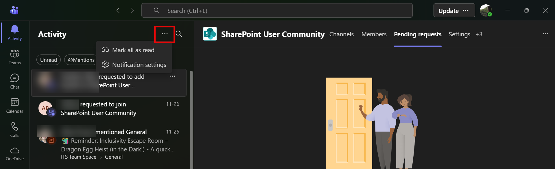 In Microsoft Teams, select Activity, the ellipses, then Notification settings