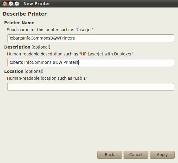 Linux Wireless setup Enter Printer Name and Description
