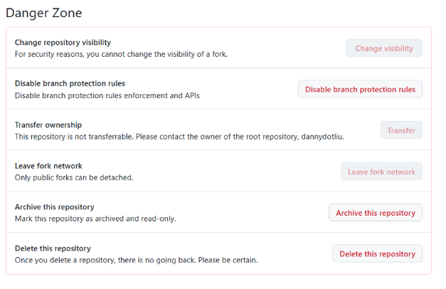 GitHub repository &ldquo;Danger Zone&rdquo; settings panel showing options to change visibility, disable branch protection rules, transfer ownership, leave fork network, archive the repository, and delete the repository.