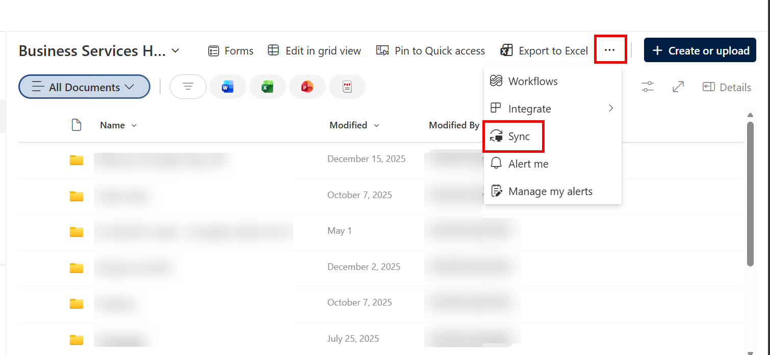 Screenshot showing the Sync button at the top of a SharePoint library