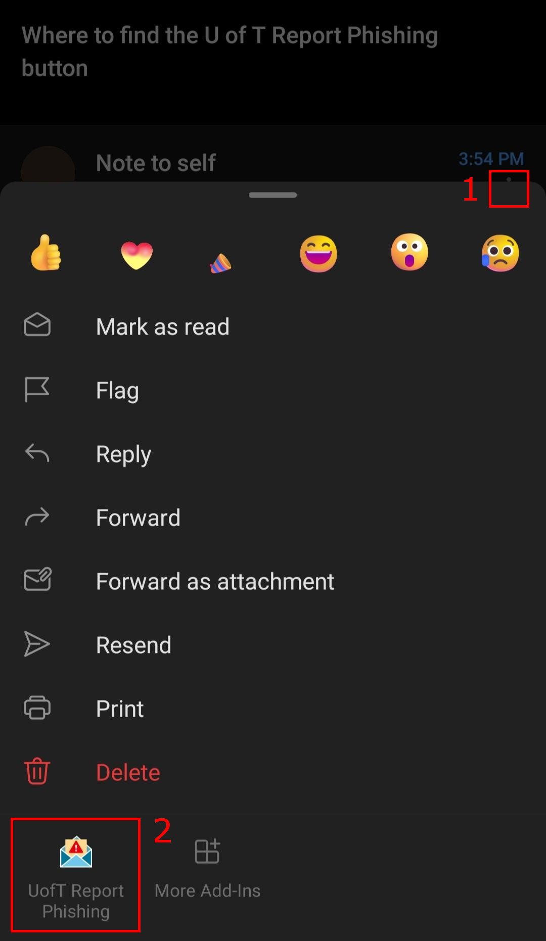 The Report Phishing button at the bottom of the Android email action menu.