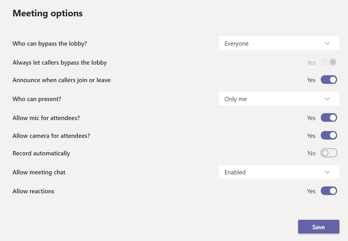 Teams meeting options list