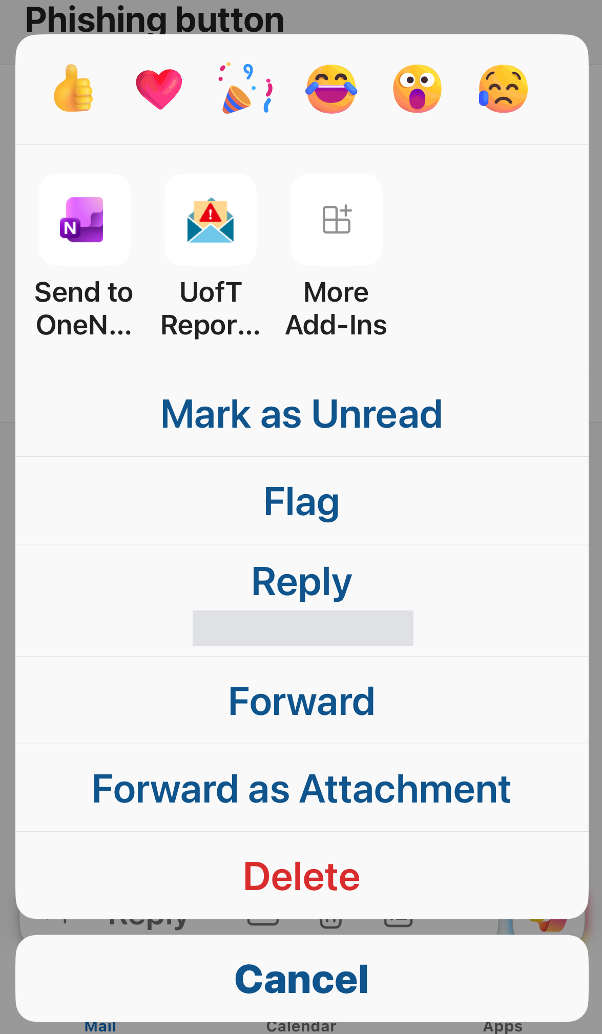 The Report Phishing button at the bottom of the iOS email action menu.