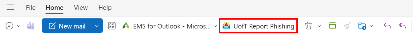 The Report Phishing button in the "Other Apps" section of the Home tool ribbon.