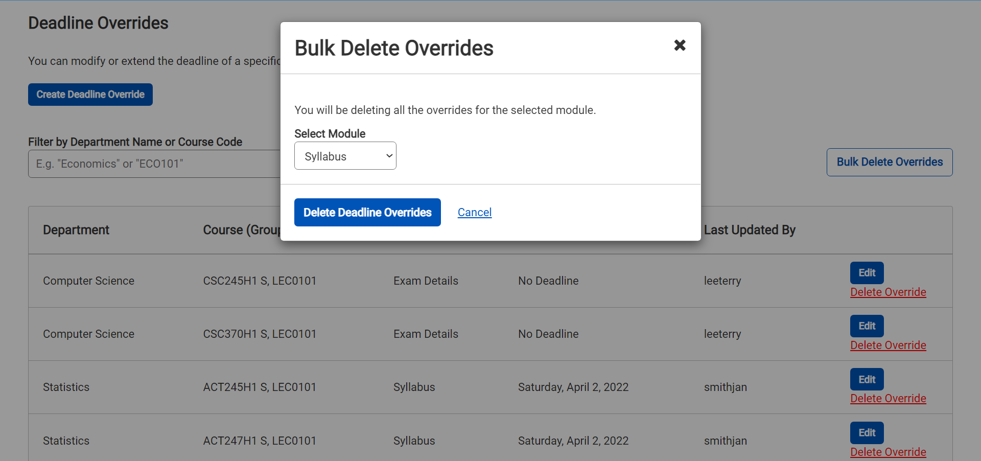 Settings - Bulk Delete Deadline Overrides