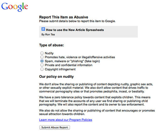 Report item as abusive form