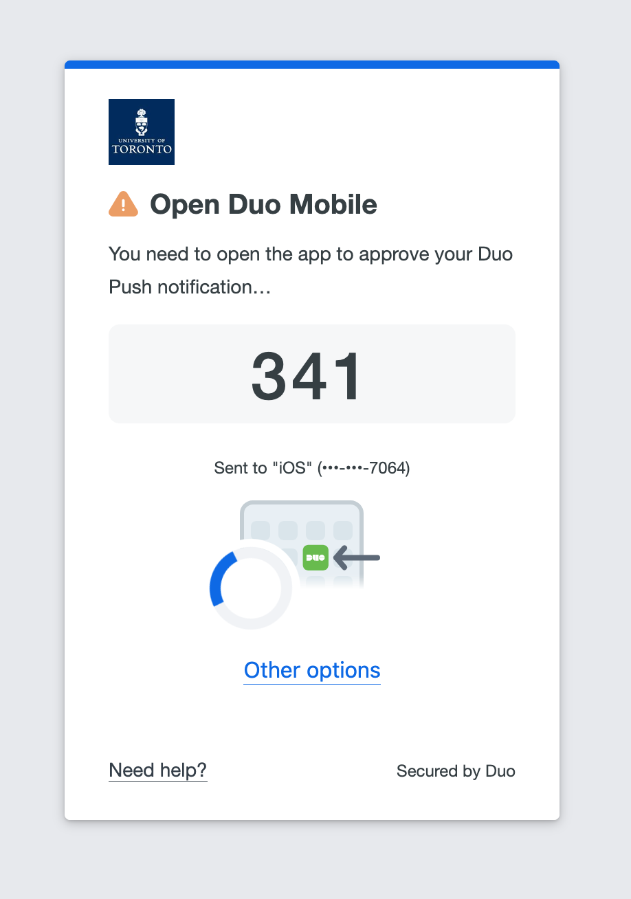 A prompt with the message ​"You need to open the app to approve your Dup Push notification", followed by a three-digit number.