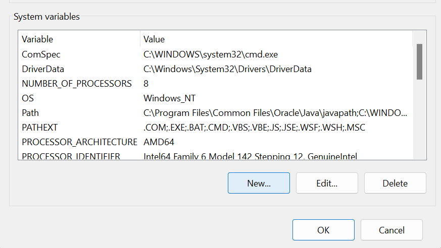 Image showing the values for system variables