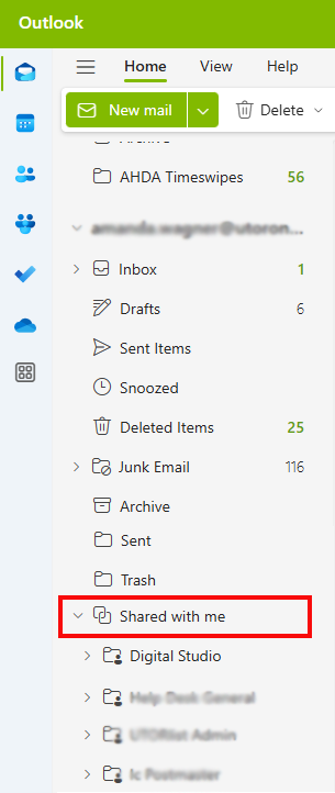 Image depicts an Outlook email inbox with a shared folder in a drop down menu.
