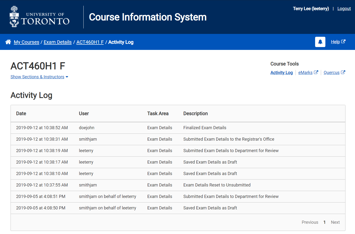 Exam Details - Activity Log